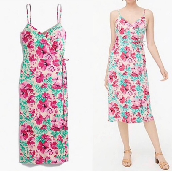 J. Crew Dresses & Skirts - J Crew Womens Sleeveless Wrap Dress Size 4 Floral Midi Tropical Hawaiian Pink